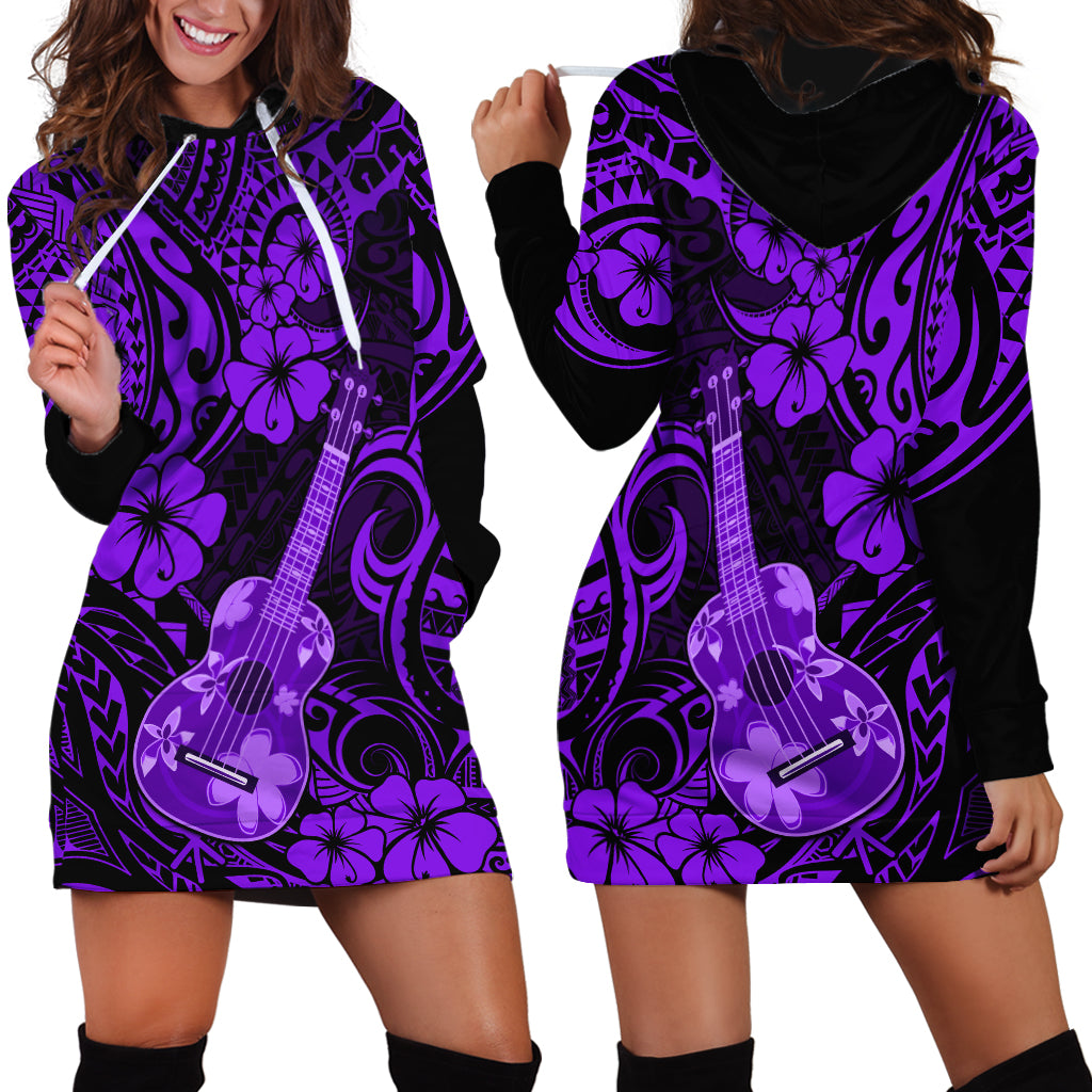 Hawaii Ukulele Hoodie Dress Polynesian Pattern Purple Version - Wonder Print Shop