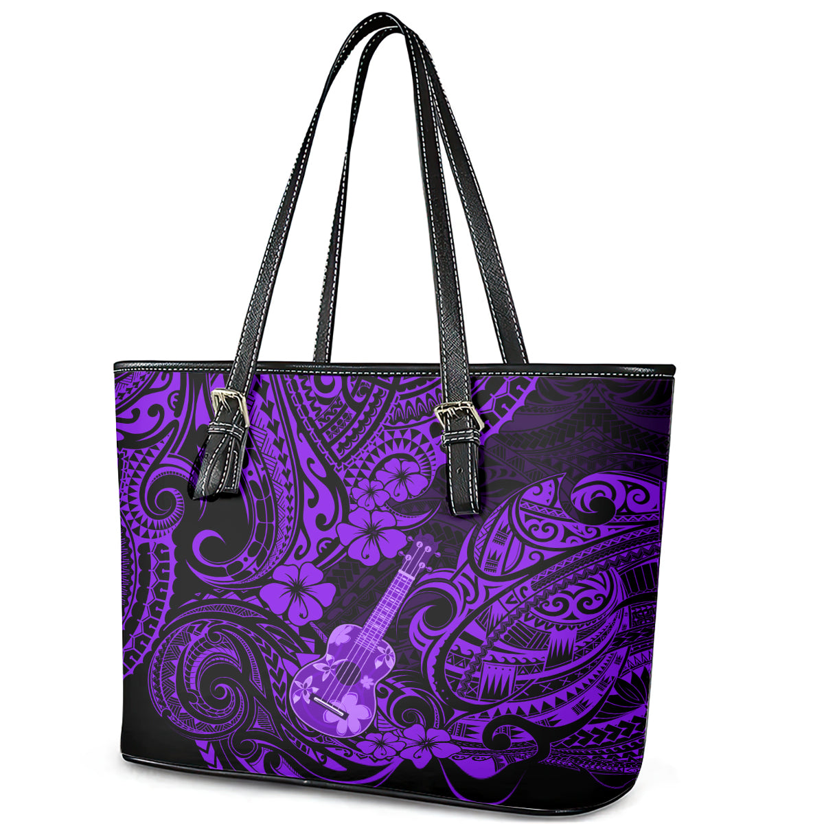 Hawaii Ukulele Leather Tote Bag Polynesian Pattern Purple Version - Wonder Print Shop