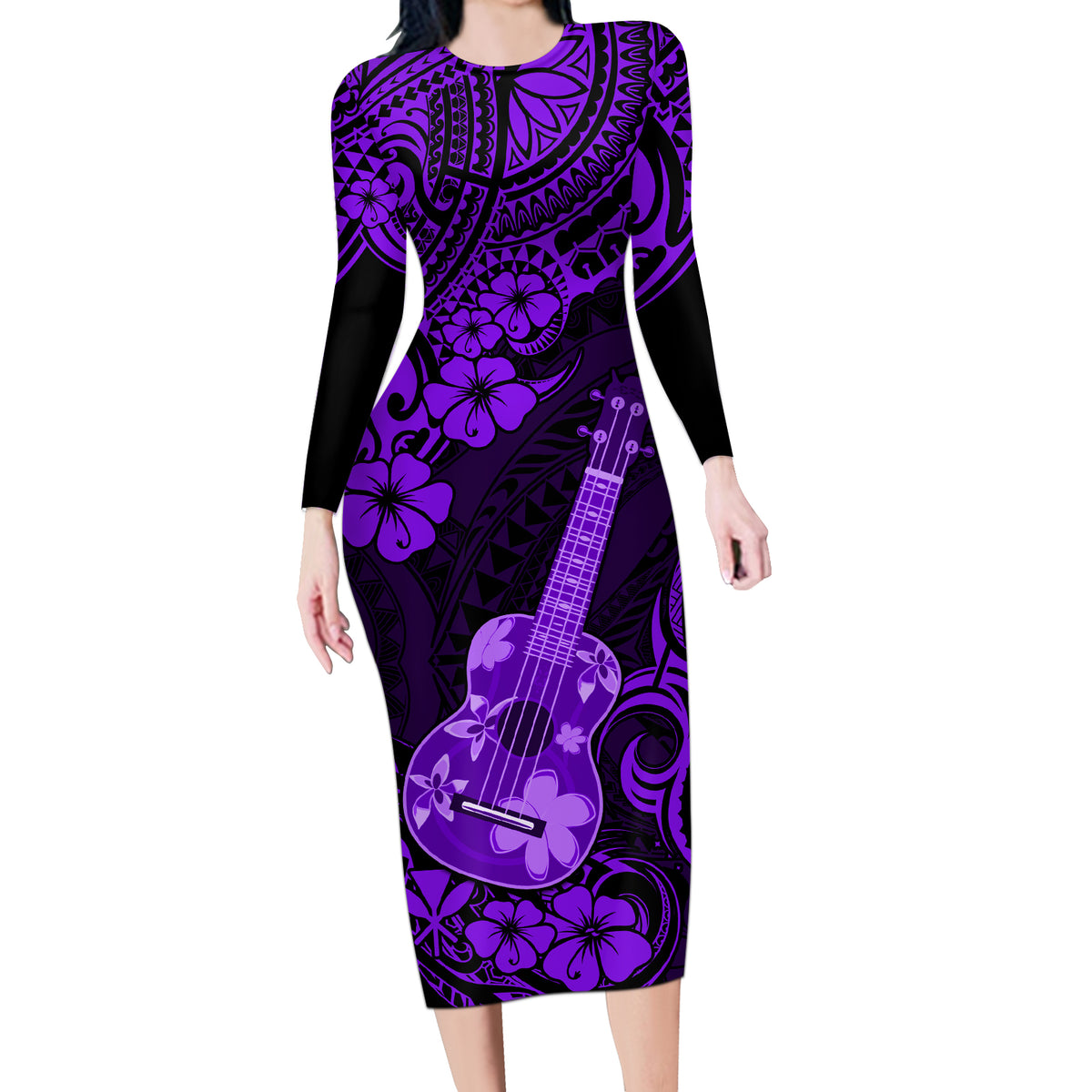 Hawaii Ukulele Long Sleeve Bodycon Dress Polynesian Pattern Purple Version - Wonder Print Shop