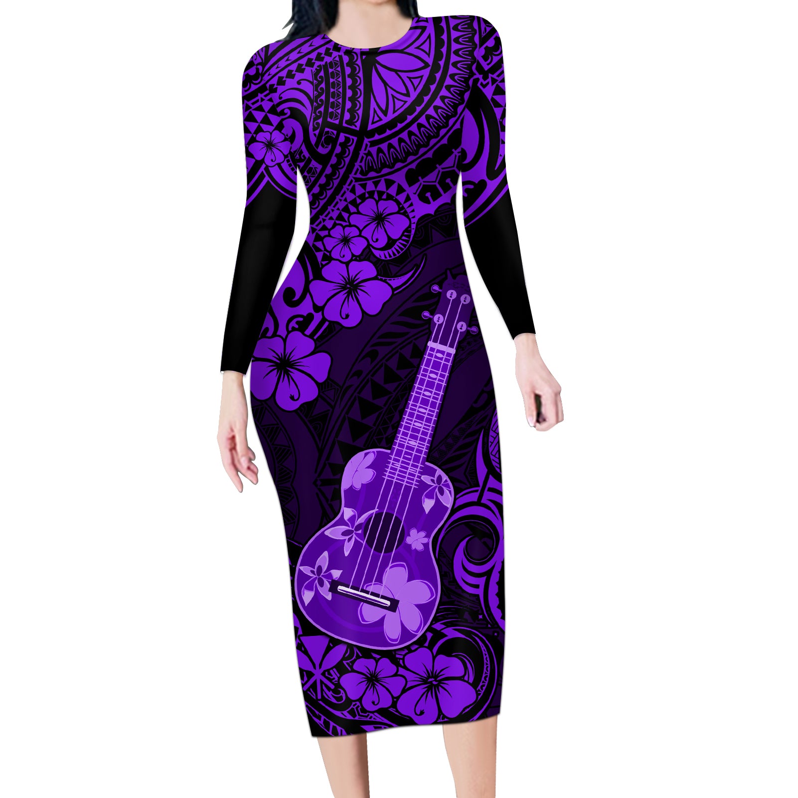 Hawaii Ukulele Long Sleeve Bodycon Dress Polynesian Pattern Purple Version - Wonder Print Shop