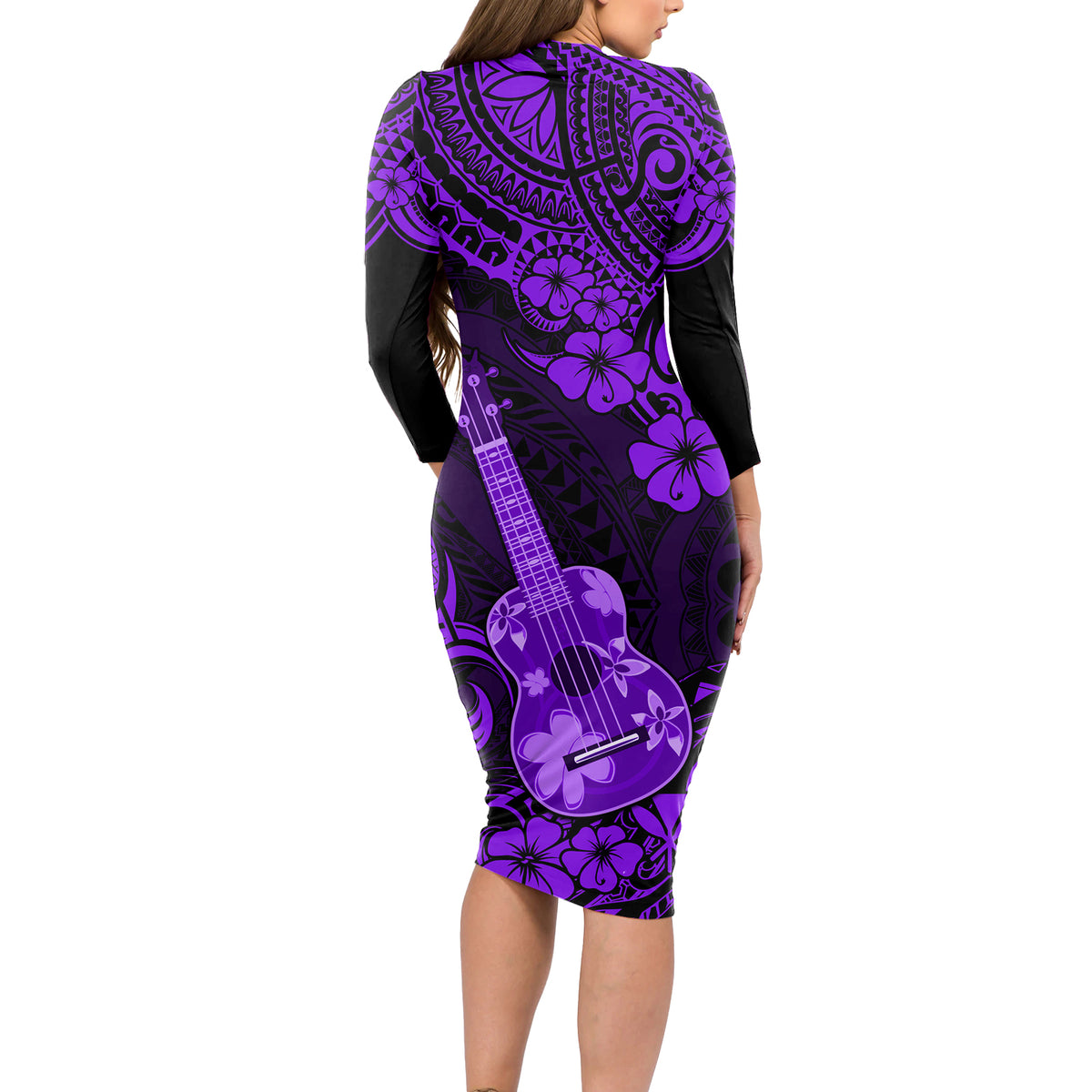 Hawaii Ukulele Long Sleeve Bodycon Dress Polynesian Pattern Purple Version - Wonder Print Shop