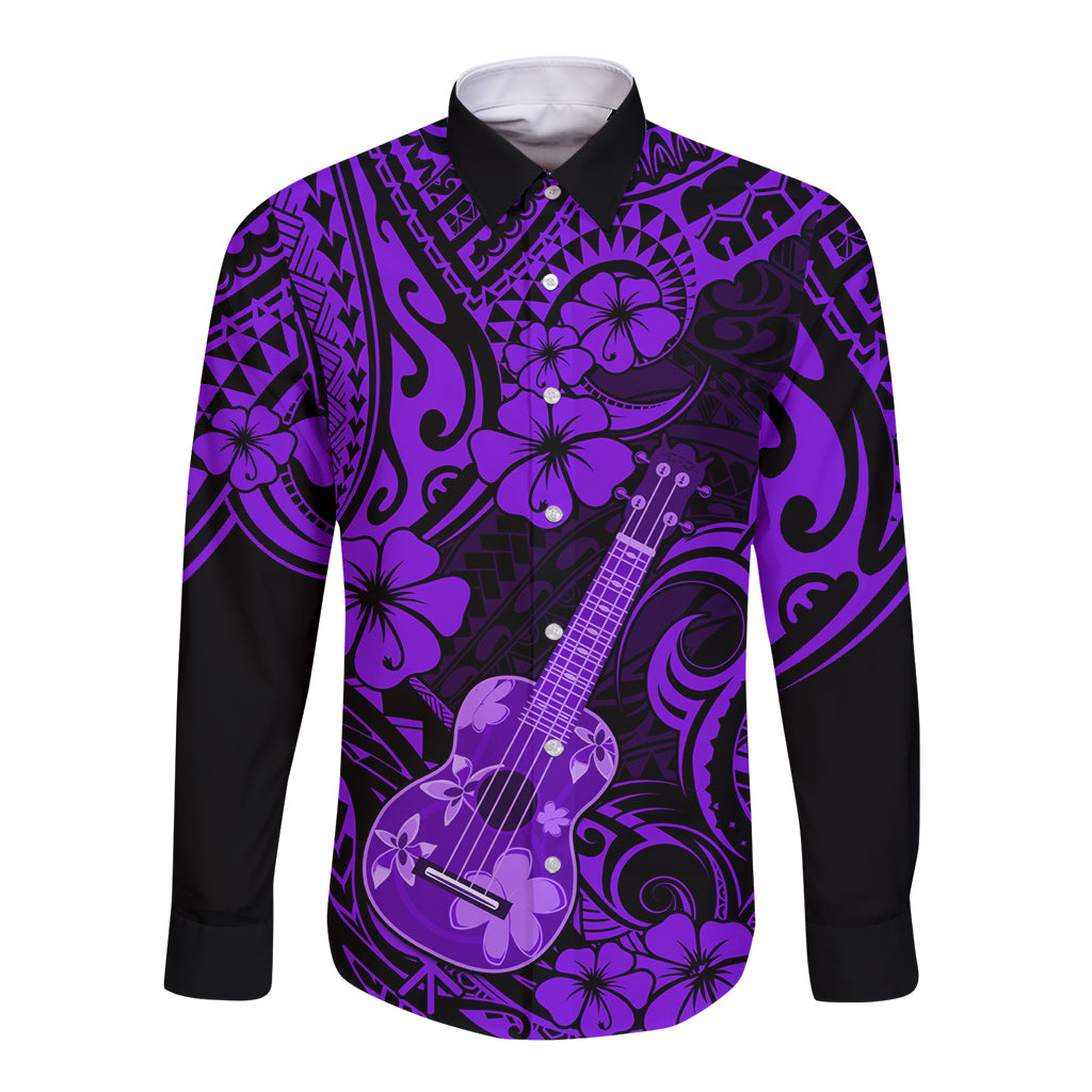 Hawaii Ukulele Long Sleeve Button Shirt Polynesian Pattern Purple Version - Wonder Print Shop