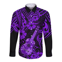 Hawaii Ukulele Long Sleeve Button Shirt Polynesian Pattern Purple Version - Wonder Print Shop