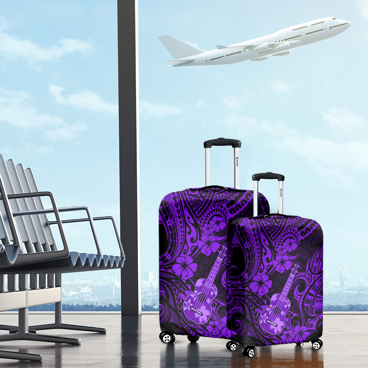 Hawaii Ukulele Luggage Cover Polynesian Pattern Purple Version - Wonder Print Shop