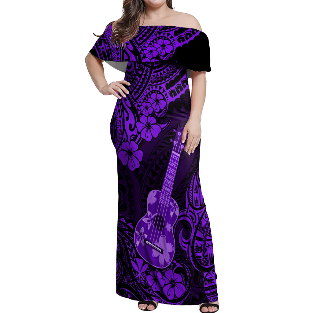 Hawaii Ukulele Off Shoulder Maxi Dress Polynesian Pattern Purple Version - Wonder Print Shop