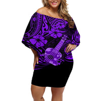 Hawaii Ukulele Off Shoulder Short Dress Polynesian Pattern Purple Version - Wonder Print Shop