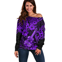 Hawaii Ukulele Off Shoulder Sweater Polynesian Pattern Purple Version - Wonder Print Shop