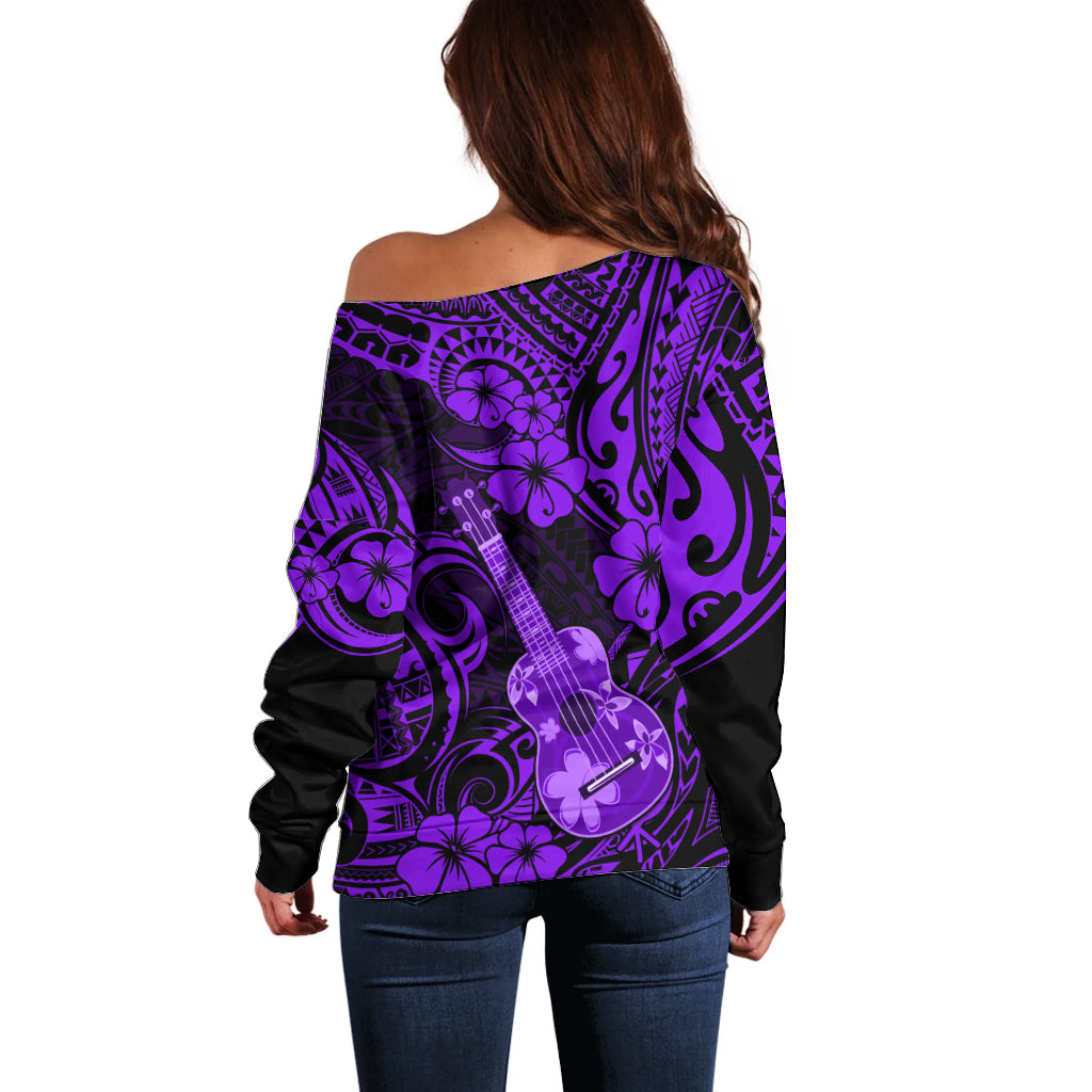 Hawaii Ukulele Off Shoulder Sweater Polynesian Pattern Purple Version - Wonder Print Shop