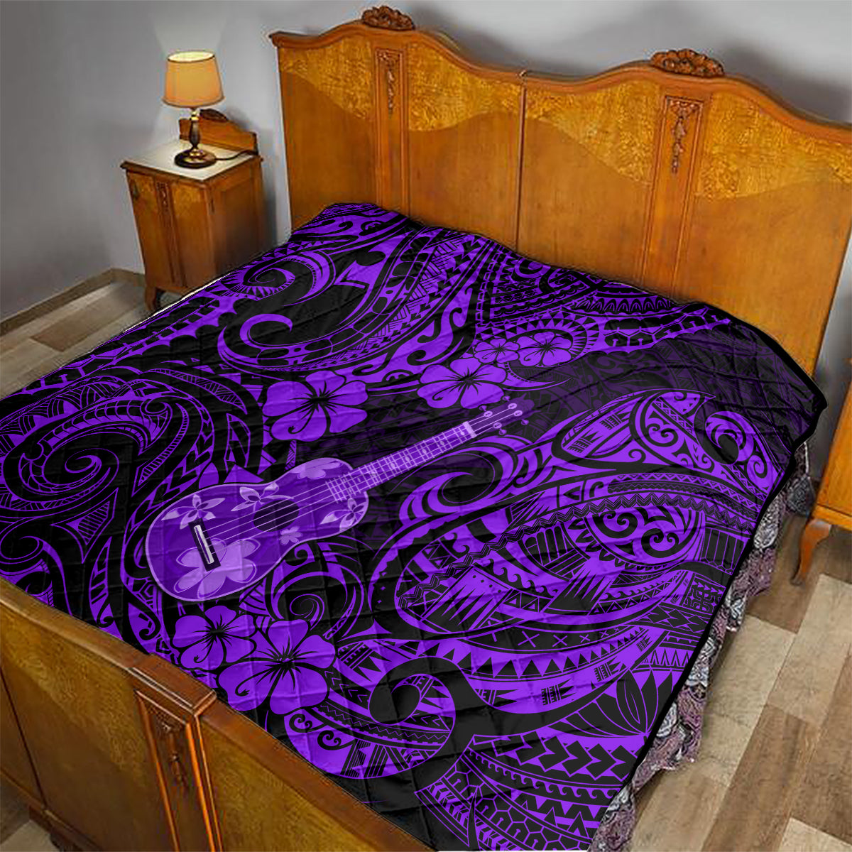 Hawaii Ukulele Quilt Polynesian Pattern Purple Version - Wonder Print Shop