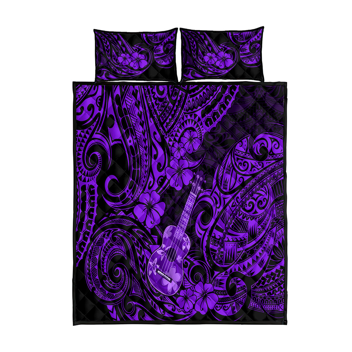 Hawaii Ukulele Quilt Bed Set Polynesian Pattern Purple Version - Wonder Print Shop