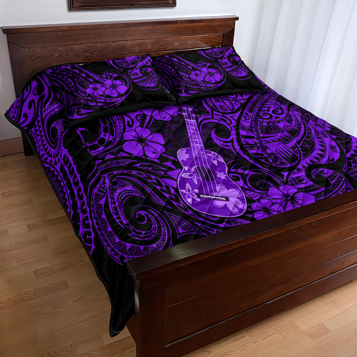 Hawaii Ukulele Quilt Bed Set Polynesian Pattern Purple Version - Wonder Print Shop