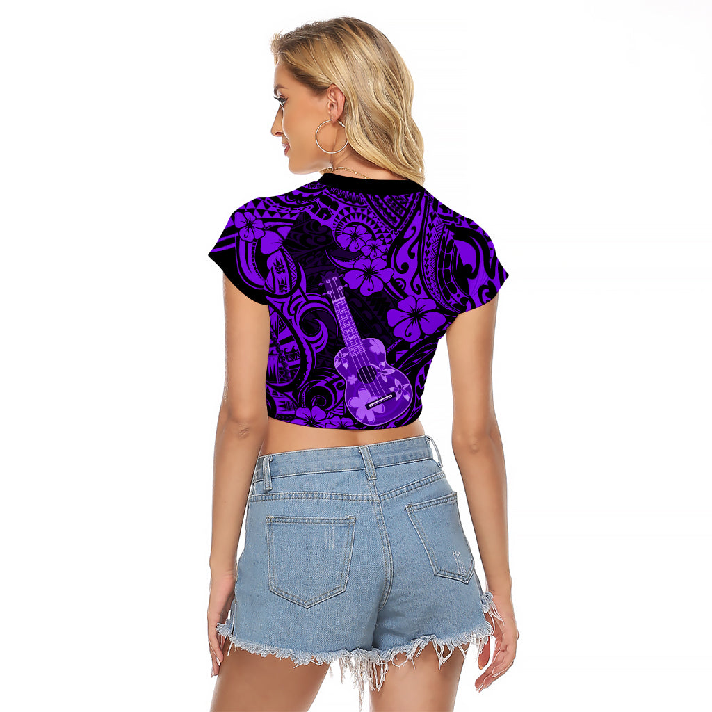 Hawaii Ukulele Raglan Cropped T Shirt Polynesian Pattern Purple Version - Wonder Print Shop