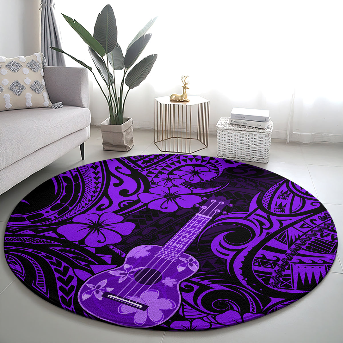 hawaii-ukulele-round-carpet-polynesian-pattern-purple-version