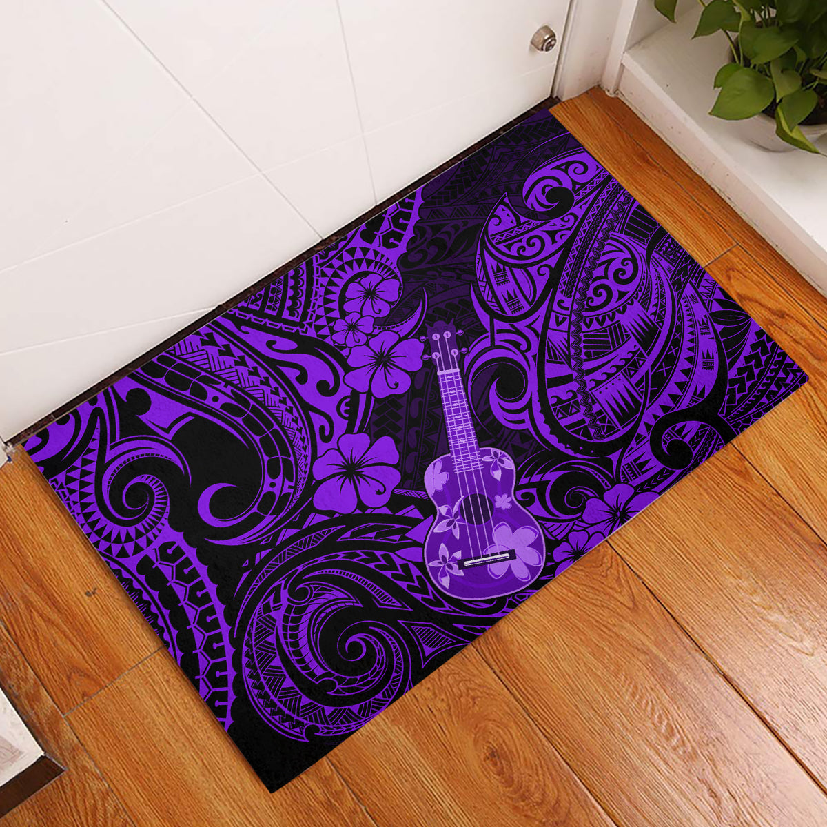 Hawaii Ukulele Rubber Doormat Polynesian Pattern Purple Version - Wonder Print Shop