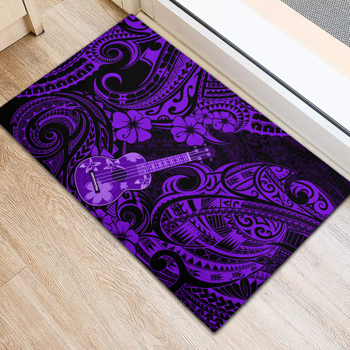 Hawaii Ukulele Rubber Doormat Polynesian Pattern Purple Version - Wonder Print Shop