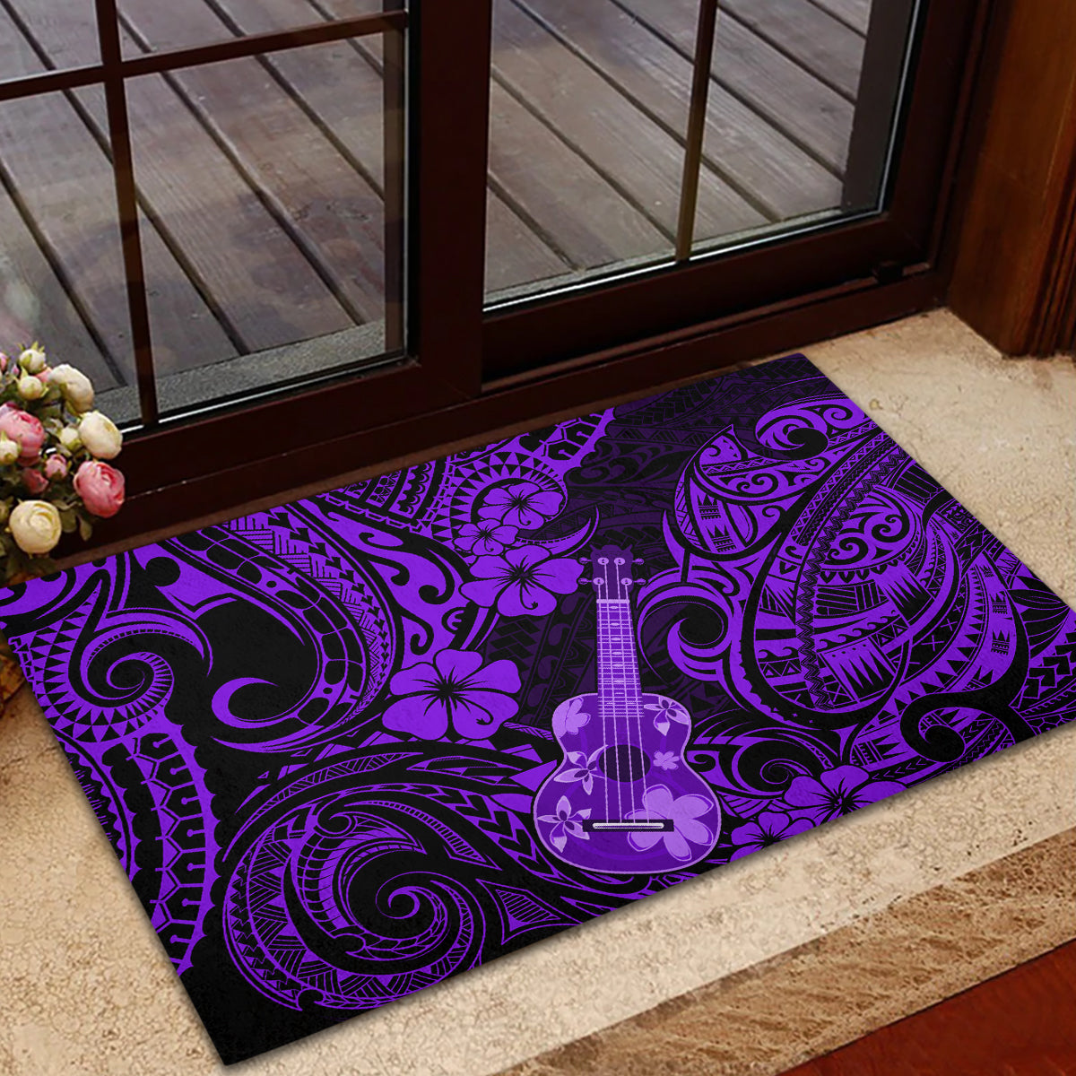Hawaii Ukulele Rubber Doormat Polynesian Pattern Purple Version - Wonder Print Shop