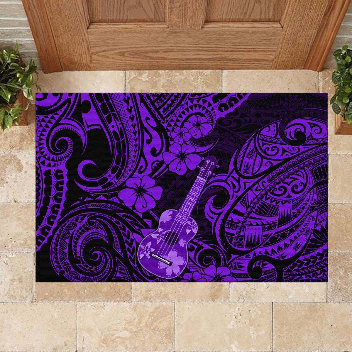 Hawaii Ukulele Rubber Doormat Polynesian Pattern Purple Version - Wonder Print Shop