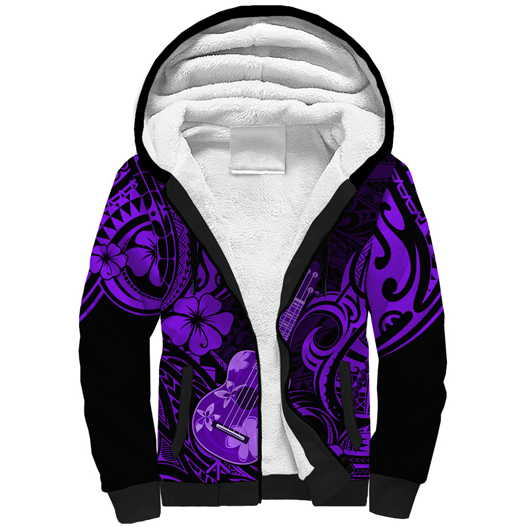 Hawaii Ukulele Sherpa Hoodie Polynesian Pattern Purple Version - Wonder Print Shop