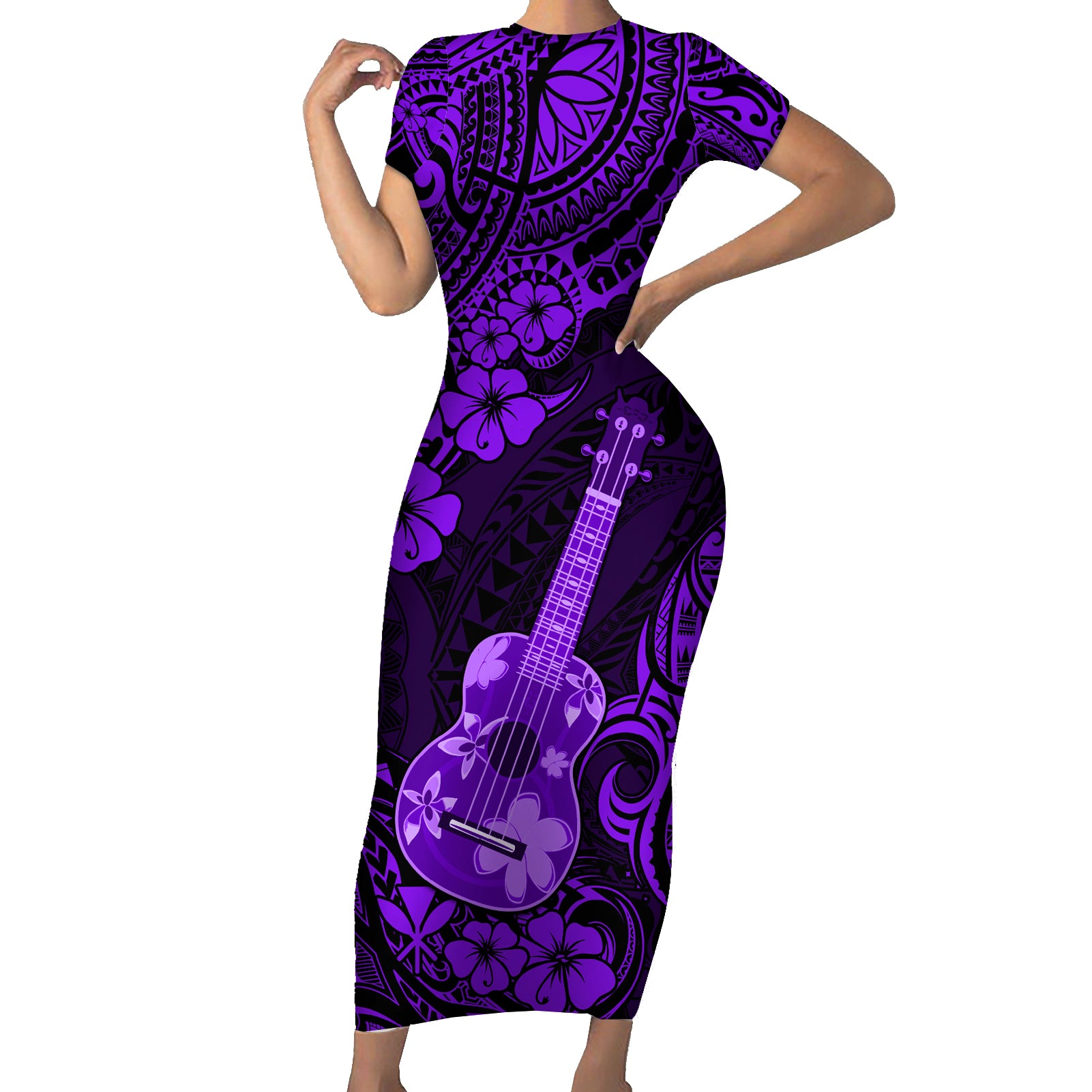 Hawaii Ukulele Short Sleeve Bodycon Dress Polynesian Pattern Purple Version - Wonder Print Shop