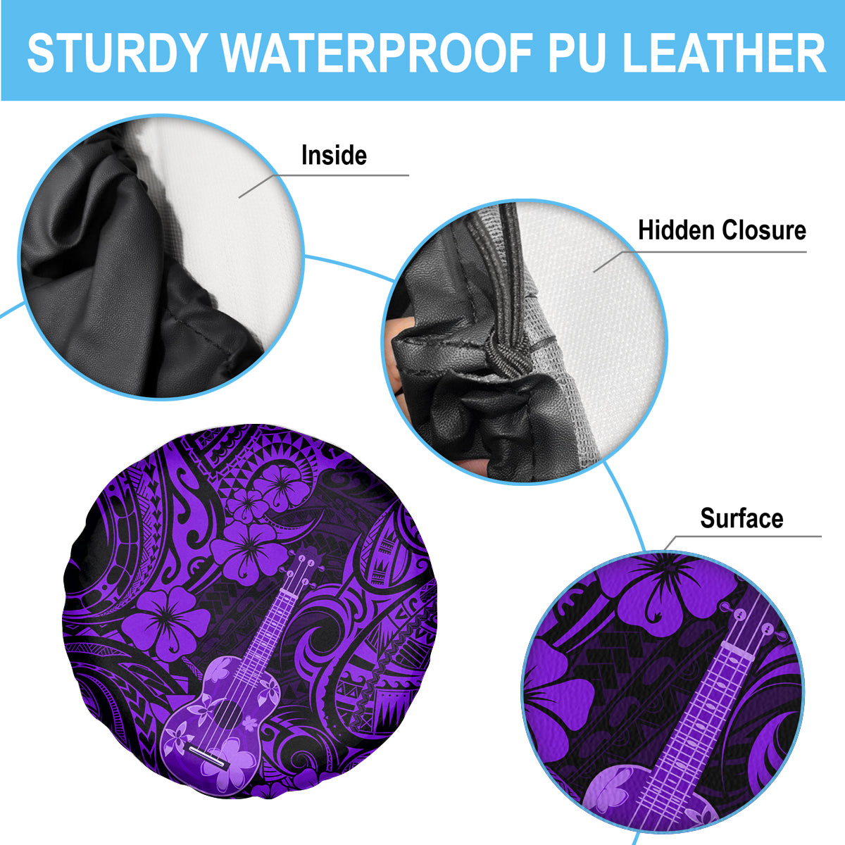 Hawaii Ukulele Spare Tire Cover Polynesian Pattern Purple Version - Wonder Print Shop