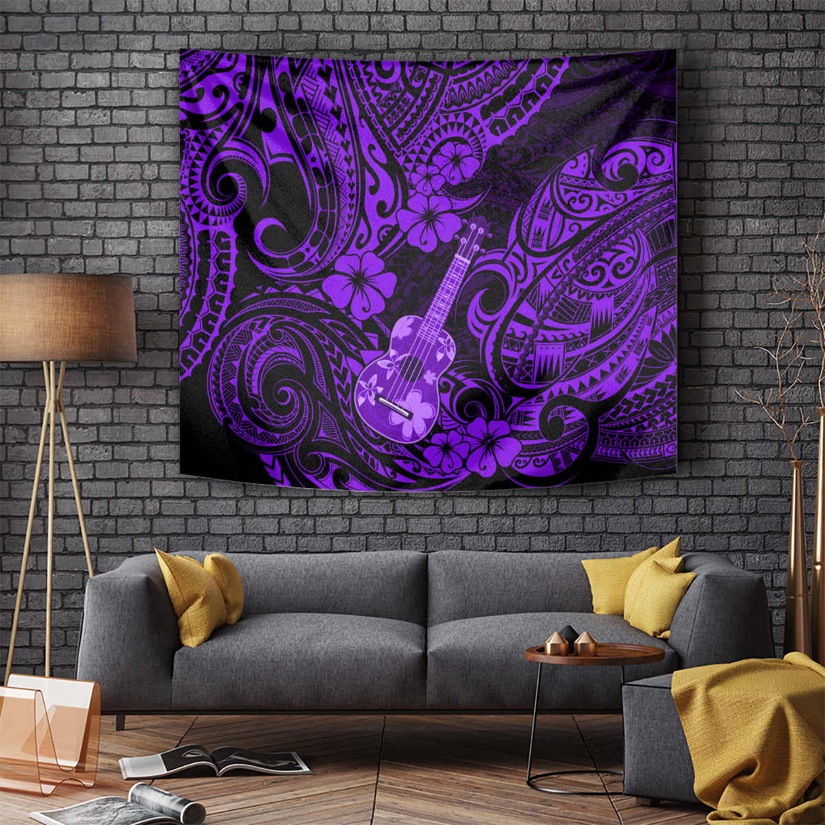 Hawaii Ukulele Tapestry Polynesian Pattern Purple Version - Wonder Print Shop