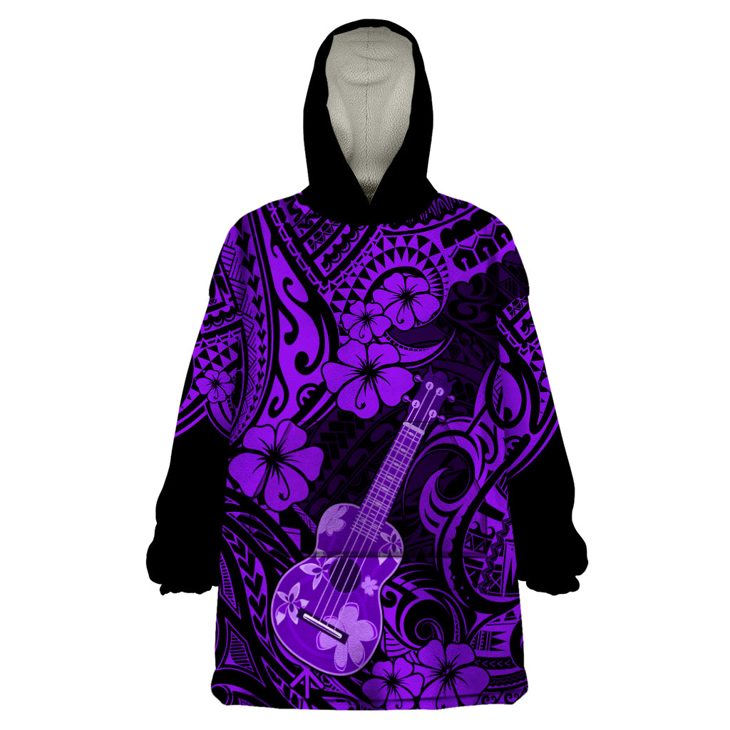 Hawaii Ukulele Wearable Blanket Hoodie Polynesian Pattern Purple Version - Wonder Print Shop