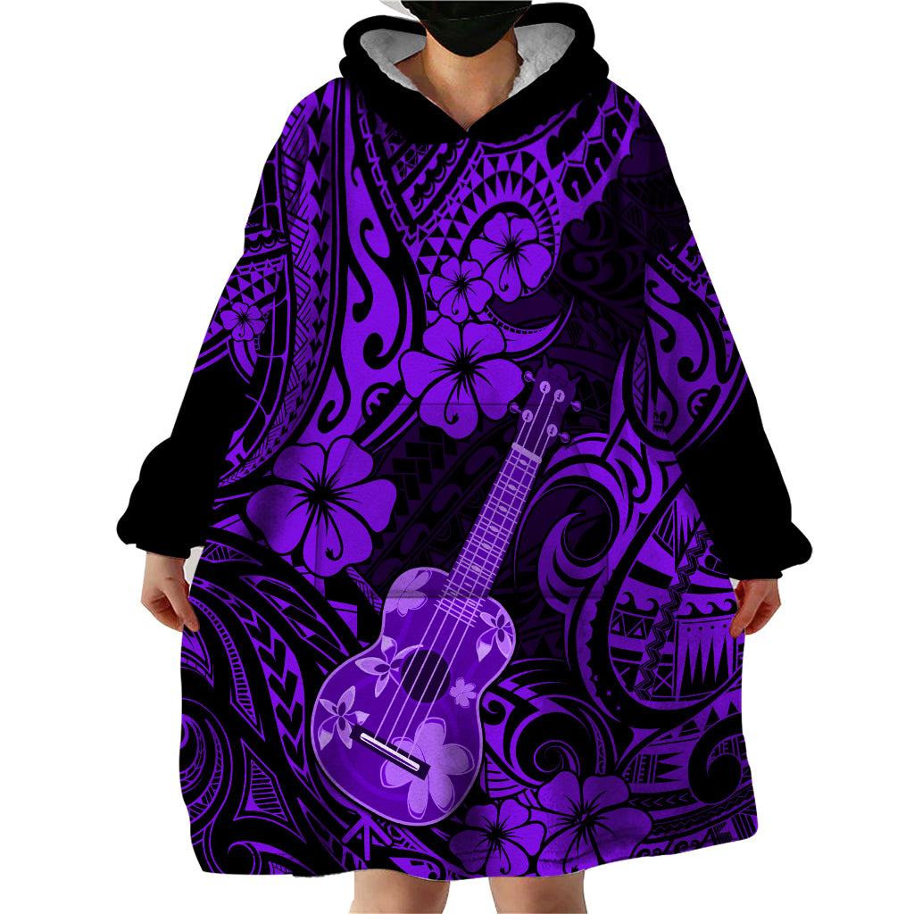 Hawaii Ukulele Wearable Blanket Hoodie Polynesian Pattern Purple Version - Wonder Print Shop