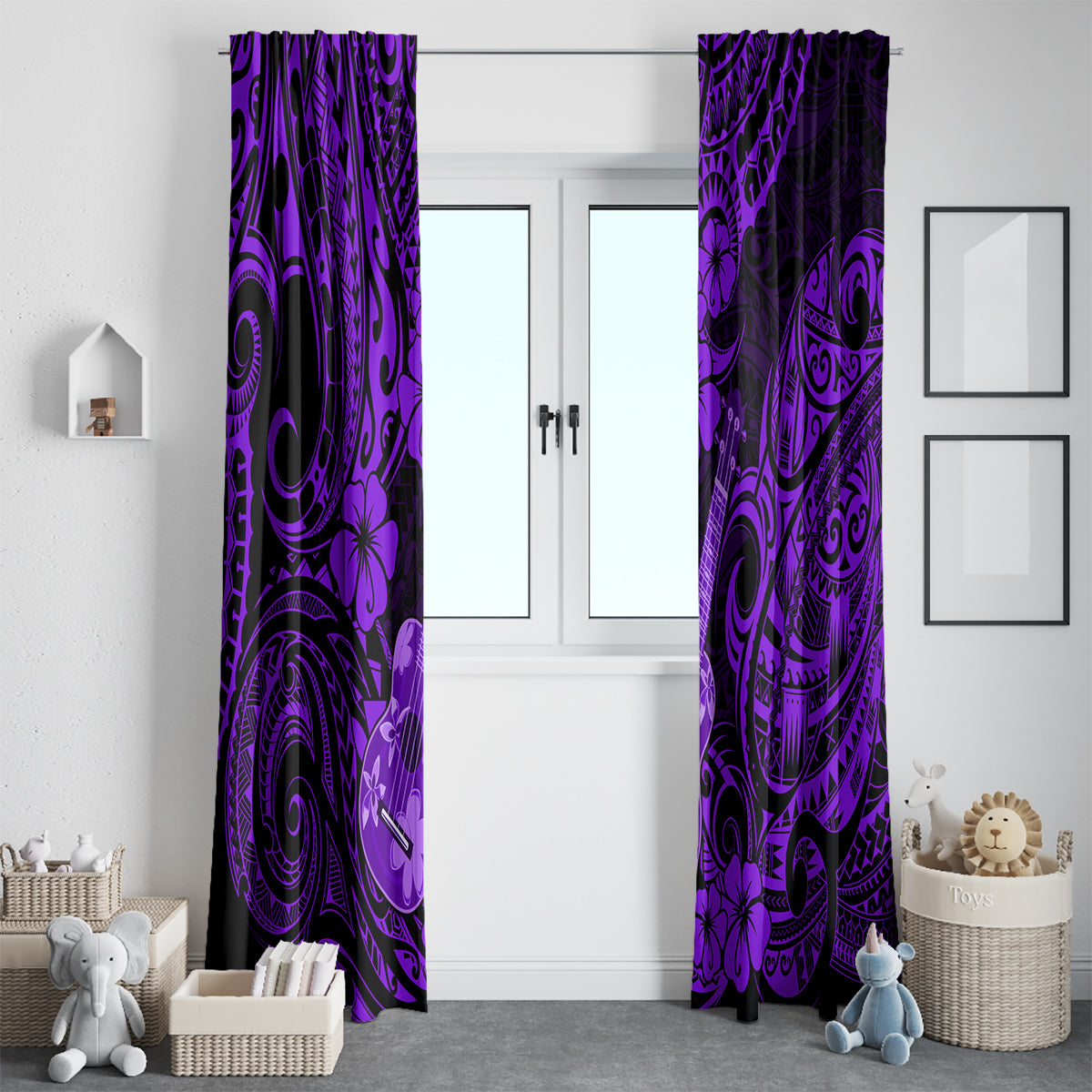 Hawaii Ukulele Window Curtain Polynesian Pattern Purple Version - Wonder Print Shop