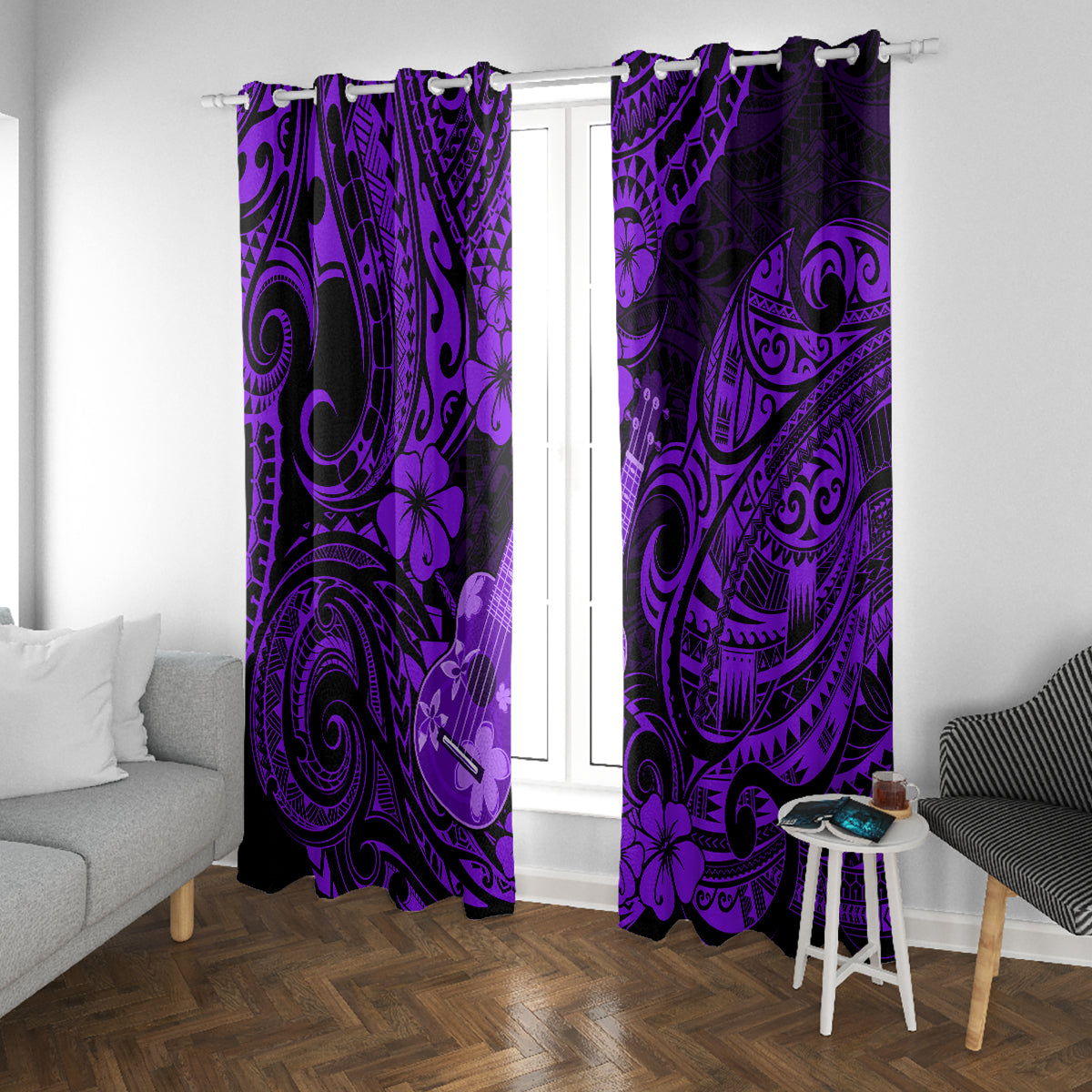 Hawaii Ukulele Window Curtain Polynesian Pattern Purple Version - Wonder Print Shop