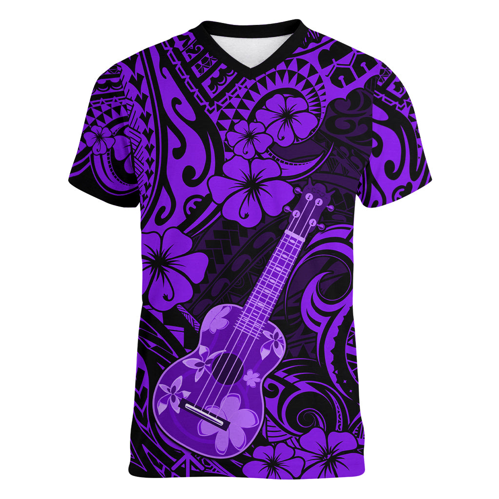 Hawaii Ukulele Women V Neck T Shirt Polynesian Pattern Purple Version - Wonder Print Shop