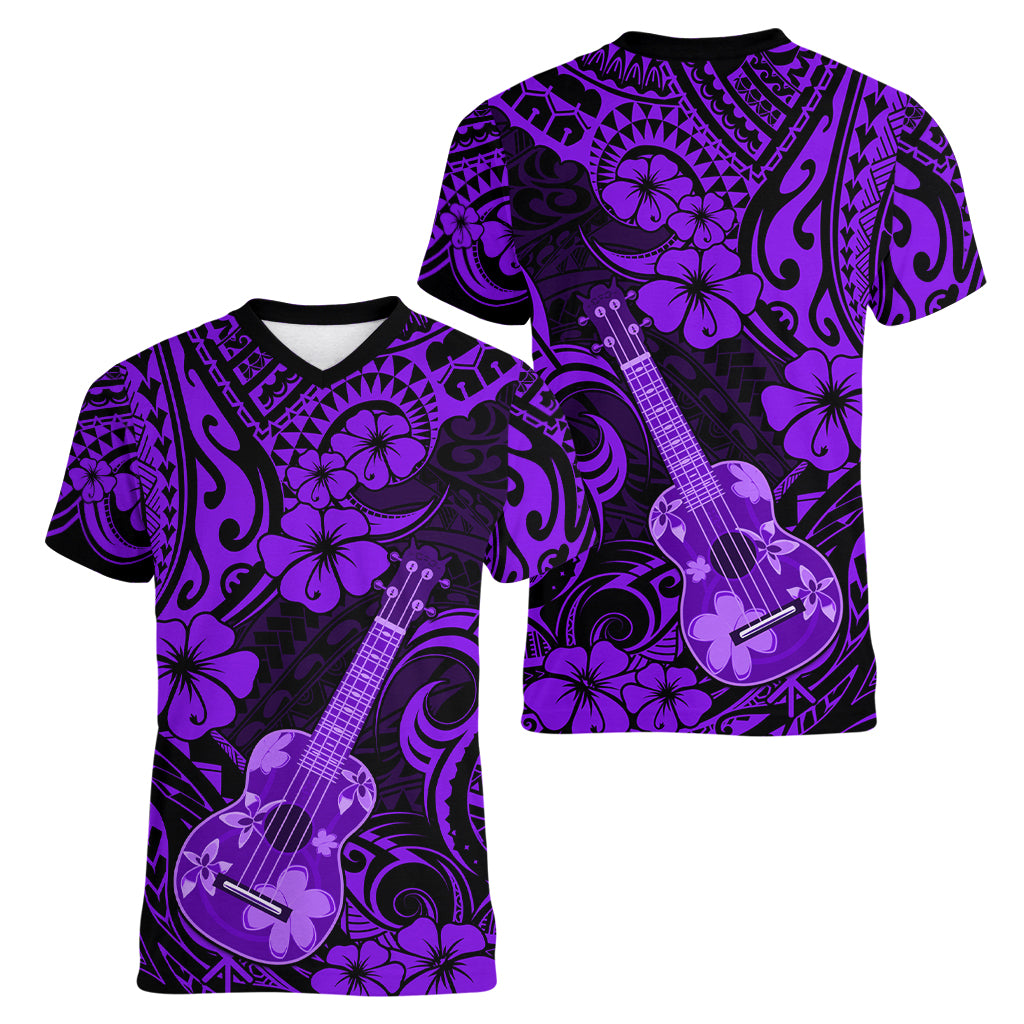 Hawaii Ukulele Women V Neck T Shirt Polynesian Pattern Purple Version - Wonder Print Shop