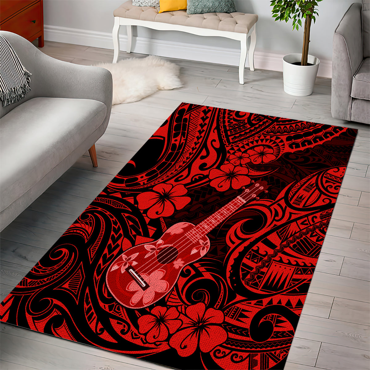 Hawaii Ukulele Area Rug Polynesian Pattern Red Version - Wonder Print Shop