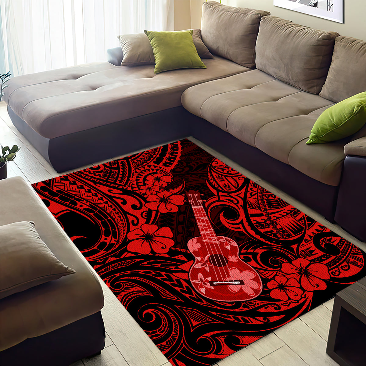 Hawaii Ukulele Area Rug Polynesian Pattern Red Version - Wonder Print Shop
