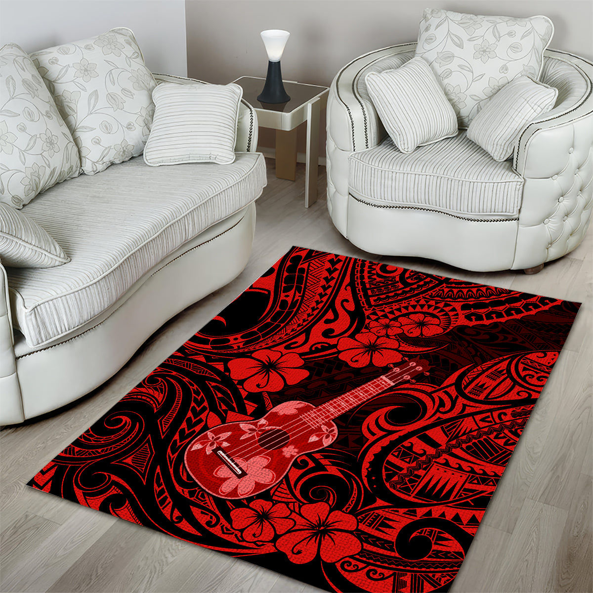 Hawaii Ukulele Area Rug Polynesian Pattern Red Version - Wonder Print Shop
