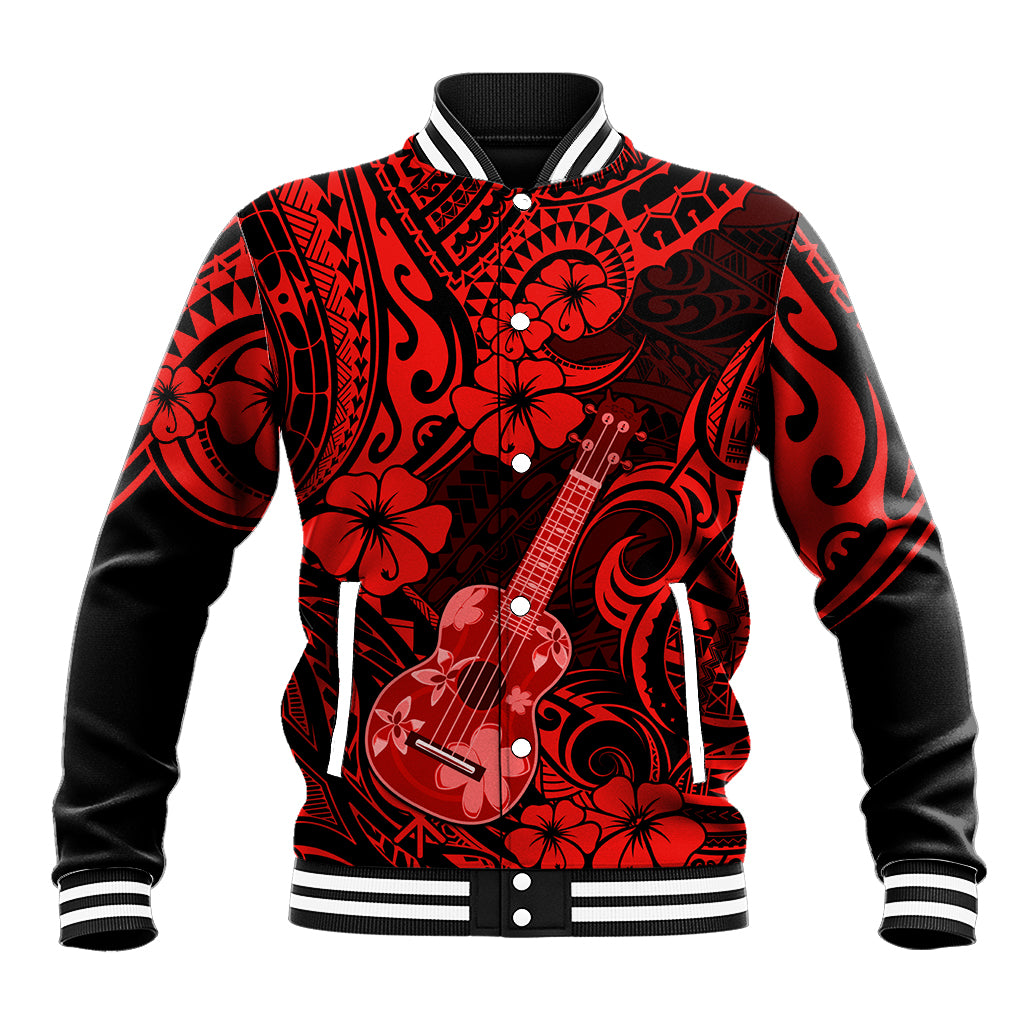 Hawaii Ukulele Baseball Jacket Polynesian Pattern Red Version - Wonder Print Shop