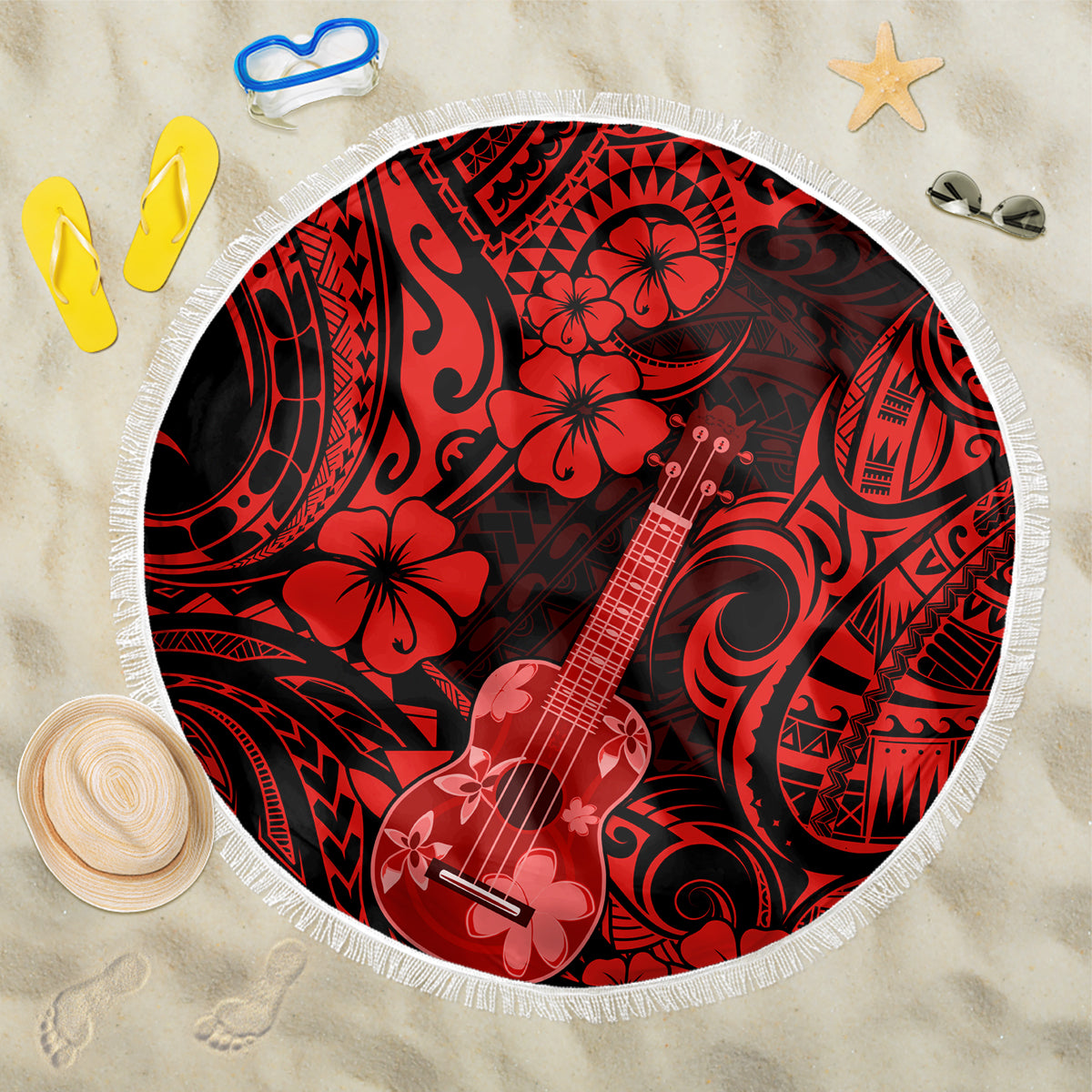 Hawaii Ukulele Beach Blanket Polynesian Pattern Red Version - Wonder Print Shop