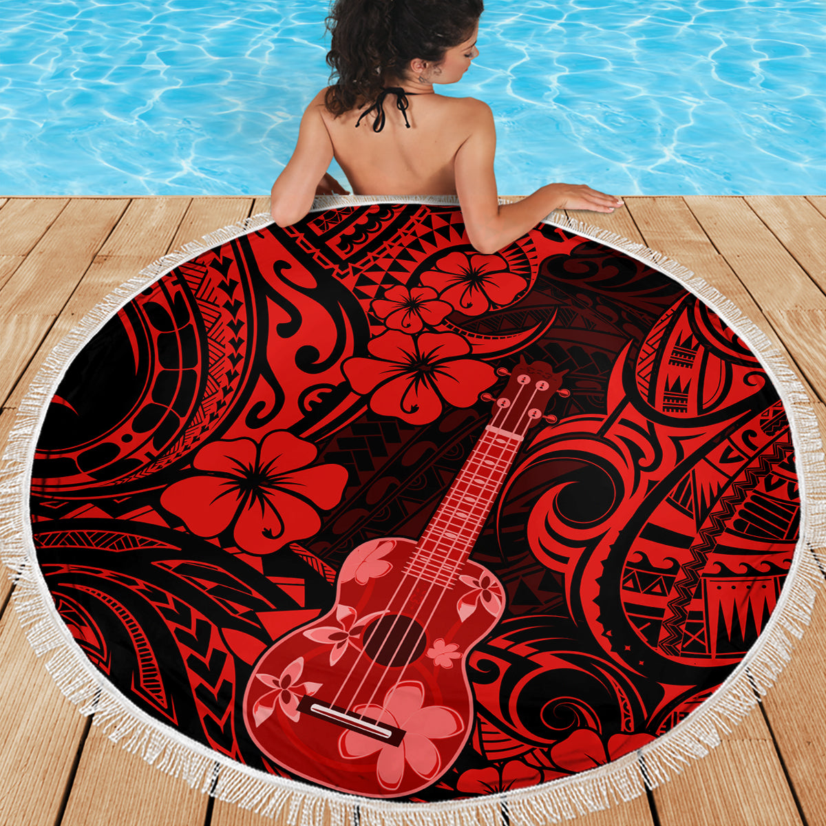 Hawaii Ukulele Beach Blanket Polynesian Pattern Red Version - Wonder Print Shop