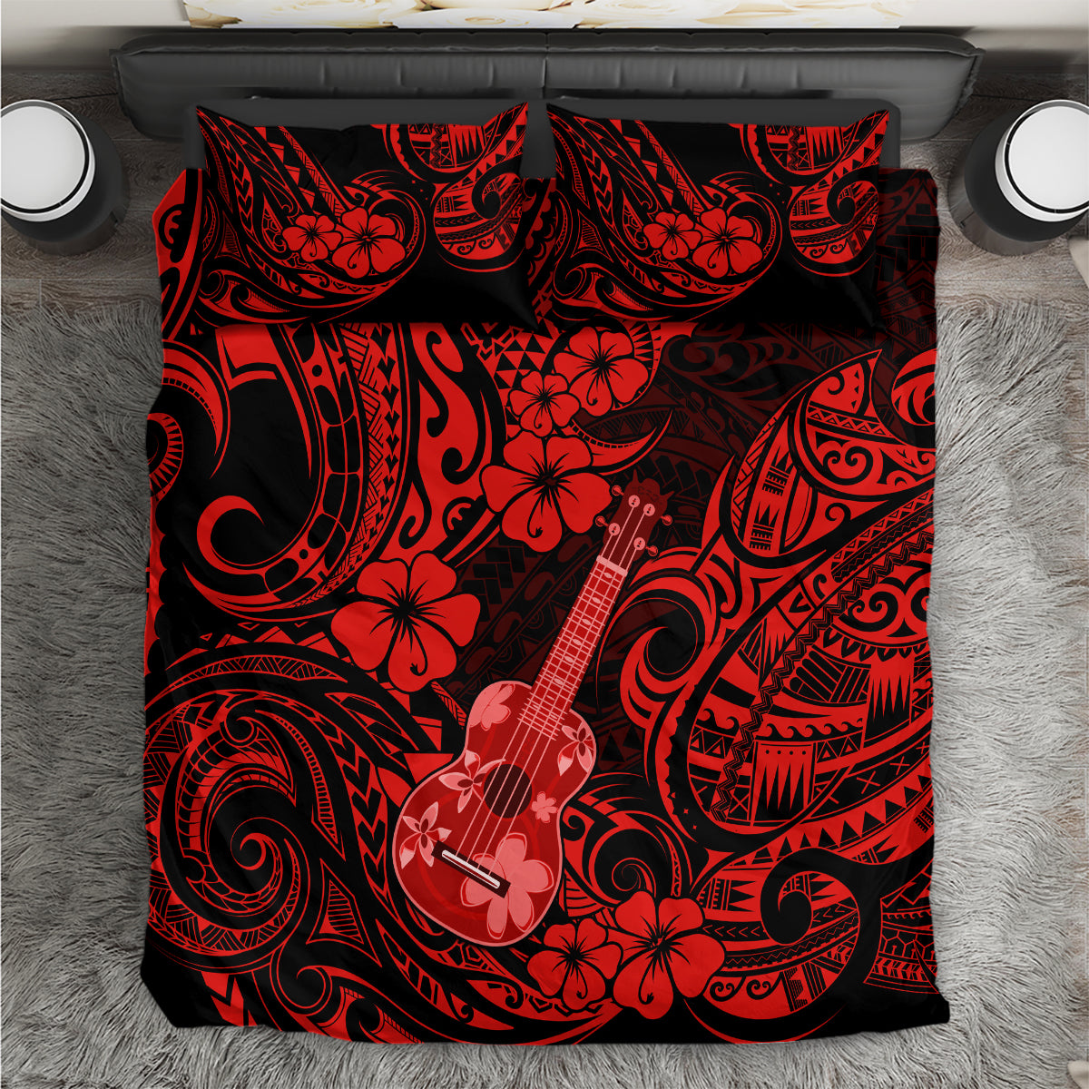Hawaii Ukulele Bedding Set Polynesian Pattern Red Version - Wonder Print Shop