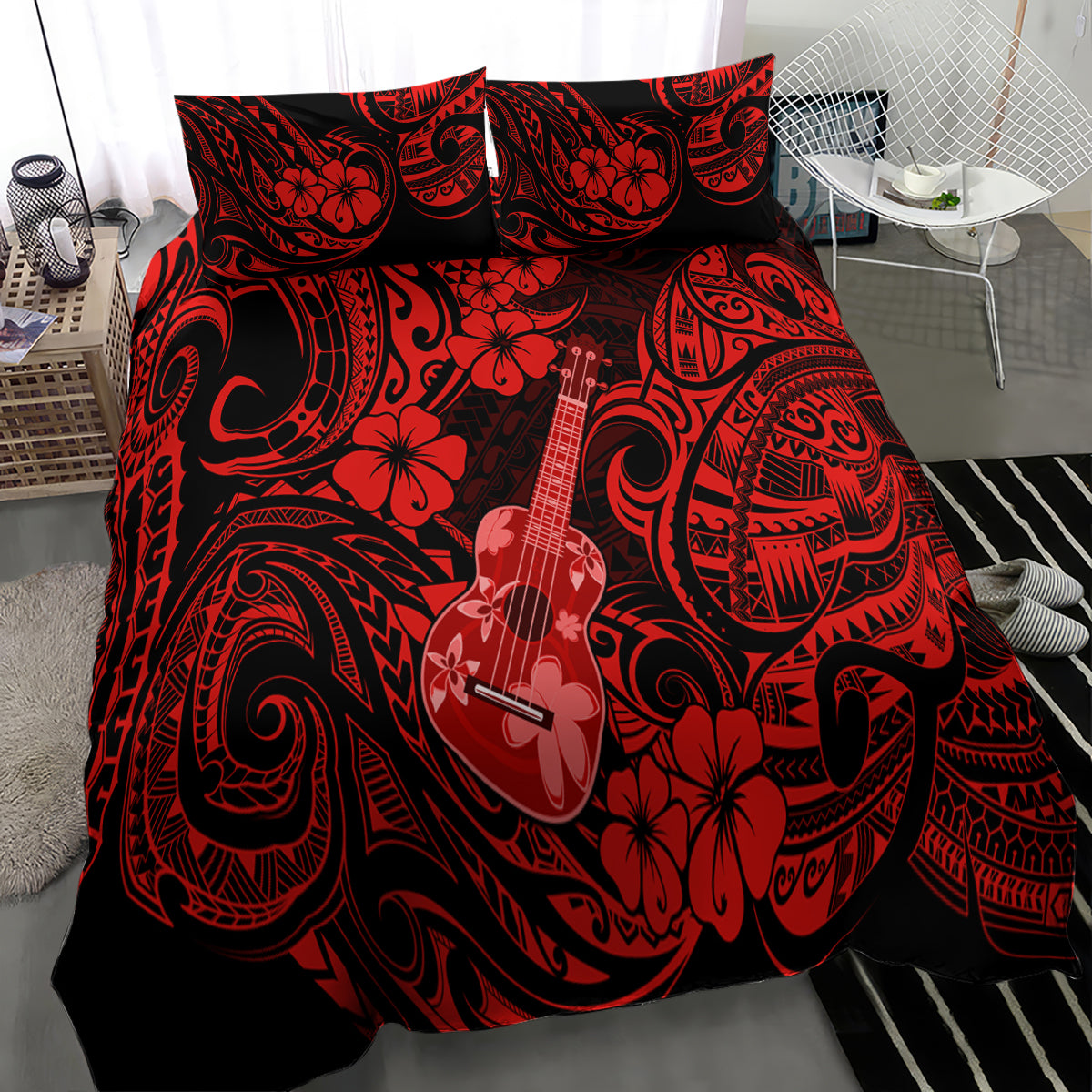 Hawaii Ukulele Bedding Set Polynesian Pattern Red Version - Wonder Print Shop