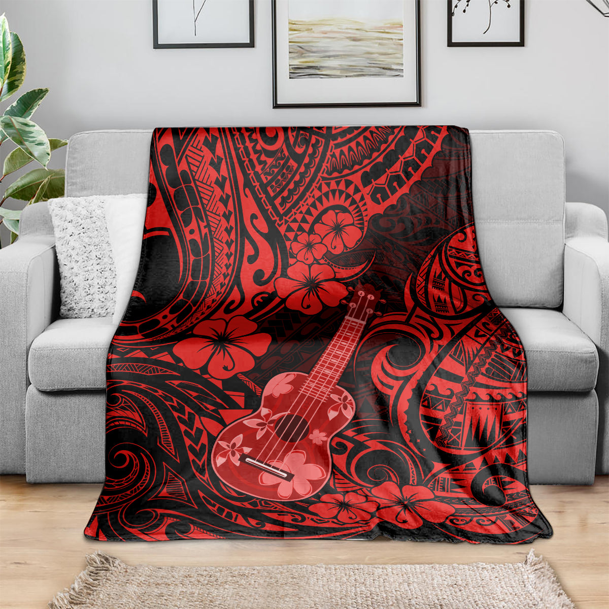 hawaii-ukulele-blanket-polynesian-pattern-red-version