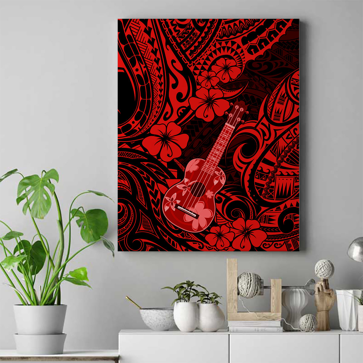 Hawaii Ukulele Canvas Wall Art Polynesian Pattern Red Version - Wonder Print Shop