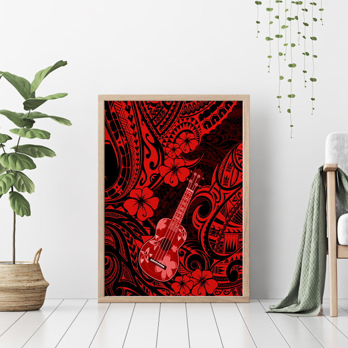 Hawaii Ukulele Canvas Wall Art Polynesian Pattern Red Version - Wonder Print Shop