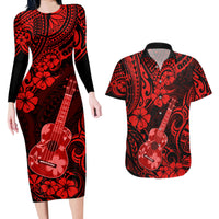 Hawaii Ukulele Couples Matching Long Sleeve Bodycon Dress and Hawaiian Shirt Polynesian Pattern Red Version - Wonder Print Shop