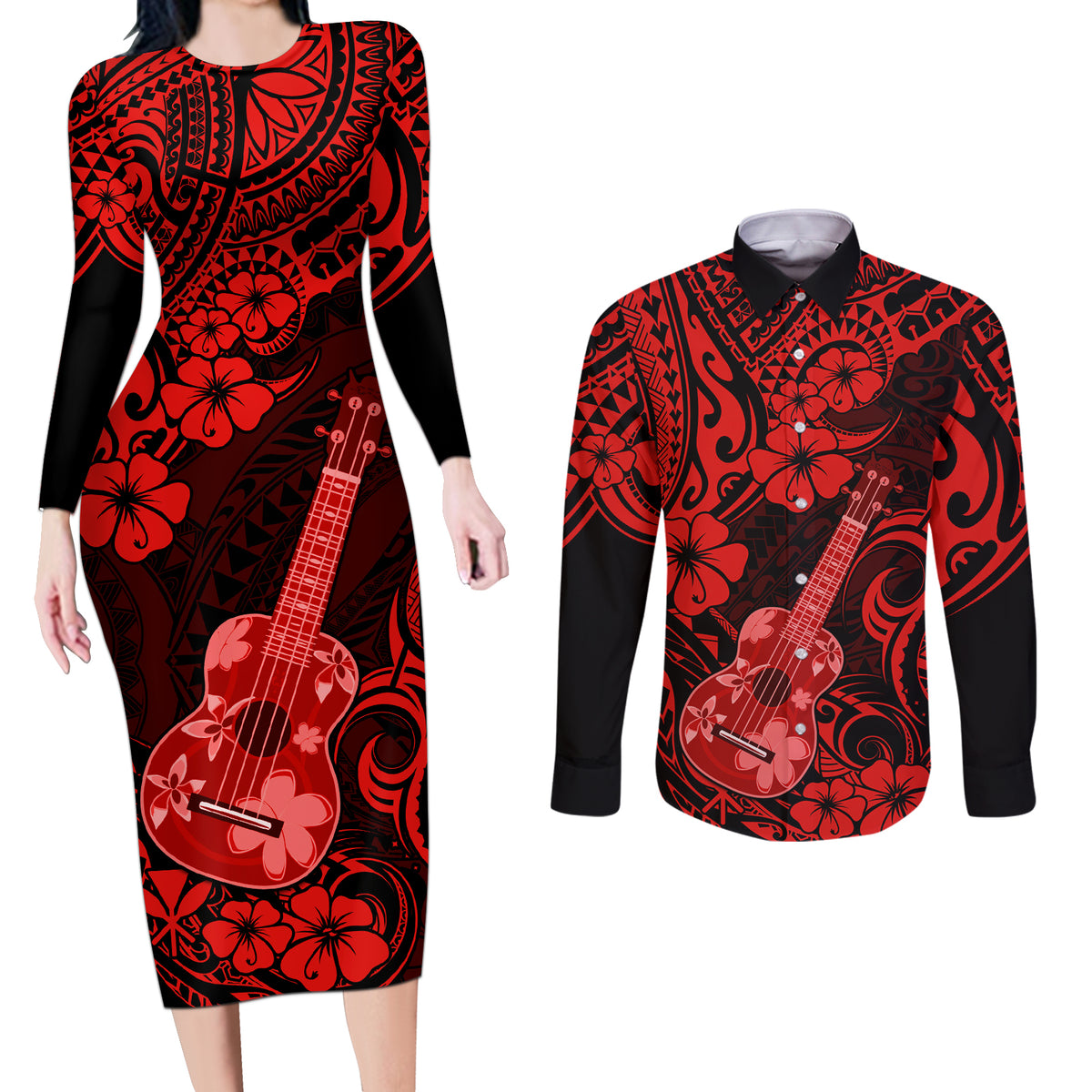 Hawaii Ukulele Couples Matching Long Sleeve Bodycon Dress and Long Sleeve Button Shirts Polynesian Pattern Red Version - Wonder Print Shop