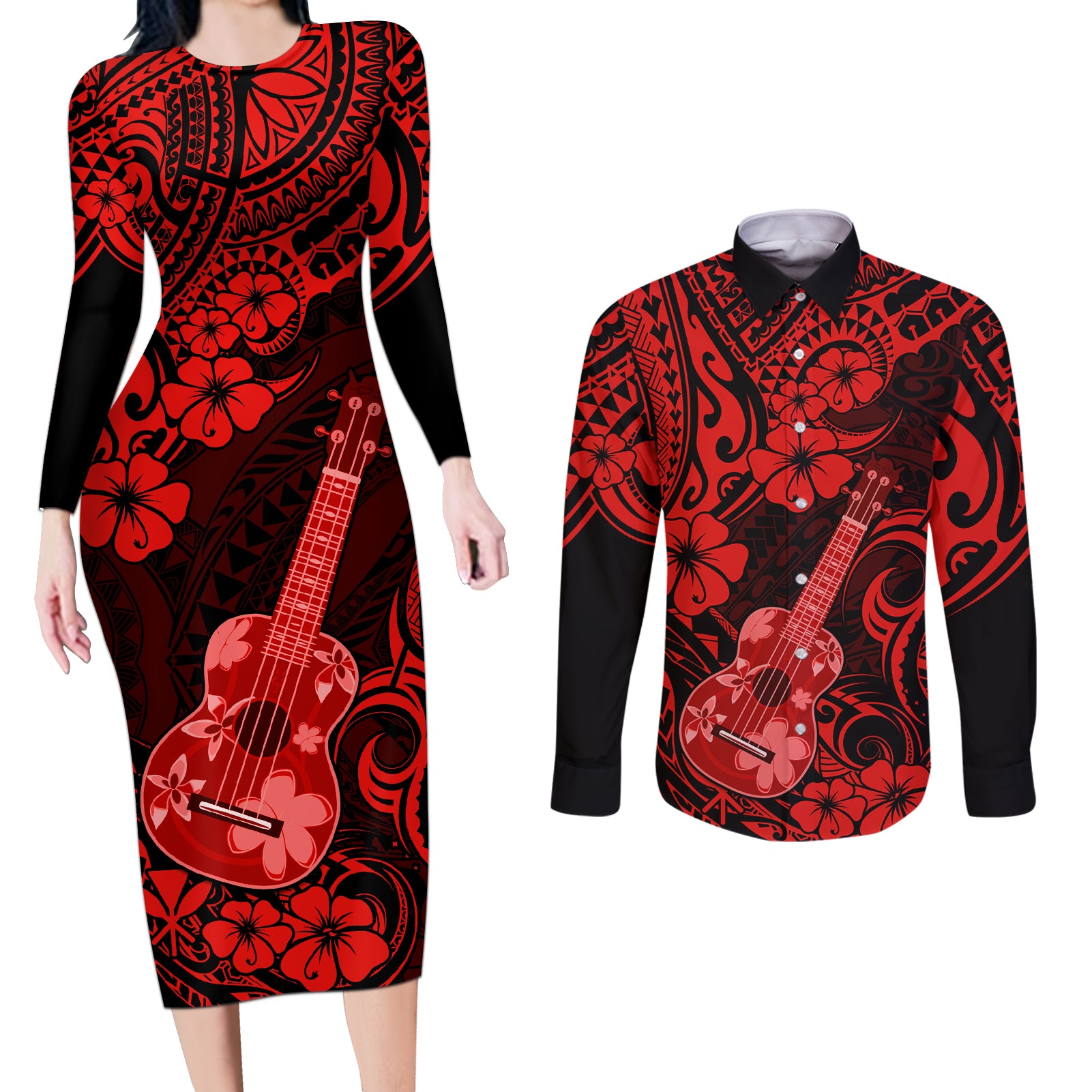 Hawaii Ukulele Couples Matching Long Sleeve Bodycon Dress and Long Sleeve Button Shirts Polynesian Pattern Red Version - Wonder Print Shop