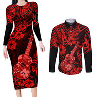 Hawaii Ukulele Couples Matching Long Sleeve Bodycon Dress and Long Sleeve Button Shirts Polynesian Pattern Red Version - Wonder Print Shop
