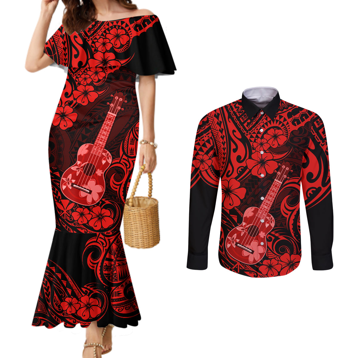 hawaii-ukulele-couples-matching-mermaid-dress-and-long-sleeve-button-shirts-polynesian-pattern-red-version