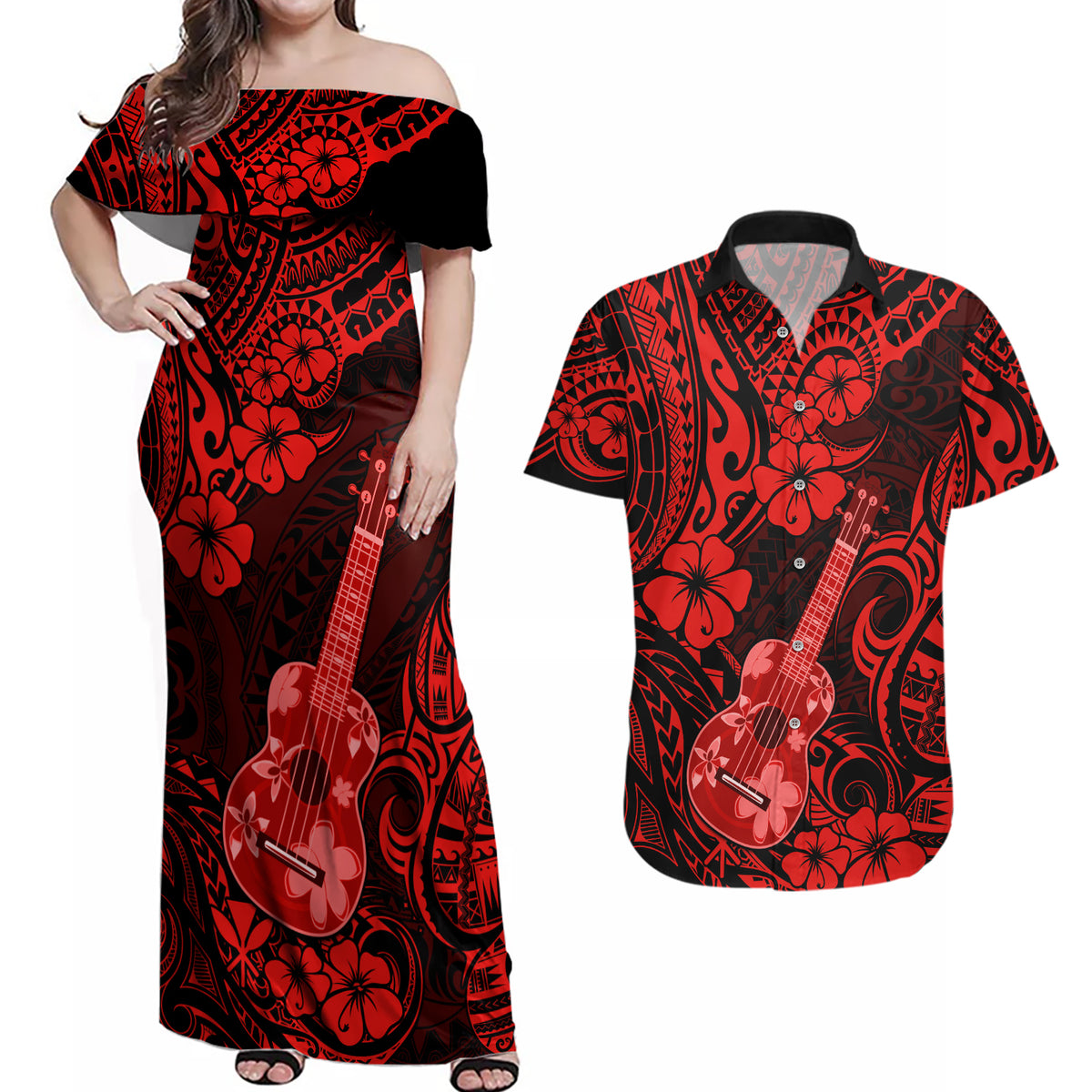 Hawaii Ukulele Couples Matching Off Shoulder Maxi Dress and Hawaiian Shirt Polynesian Pattern Red Version - Wonder Print Shop