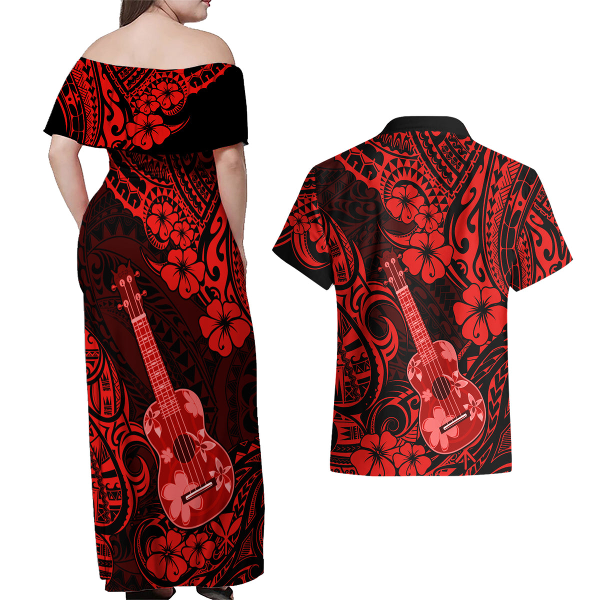 Hawaii Ukulele Couples Matching Off Shoulder Maxi Dress and Hawaiian Shirt Polynesian Pattern Red Version - Wonder Print Shop