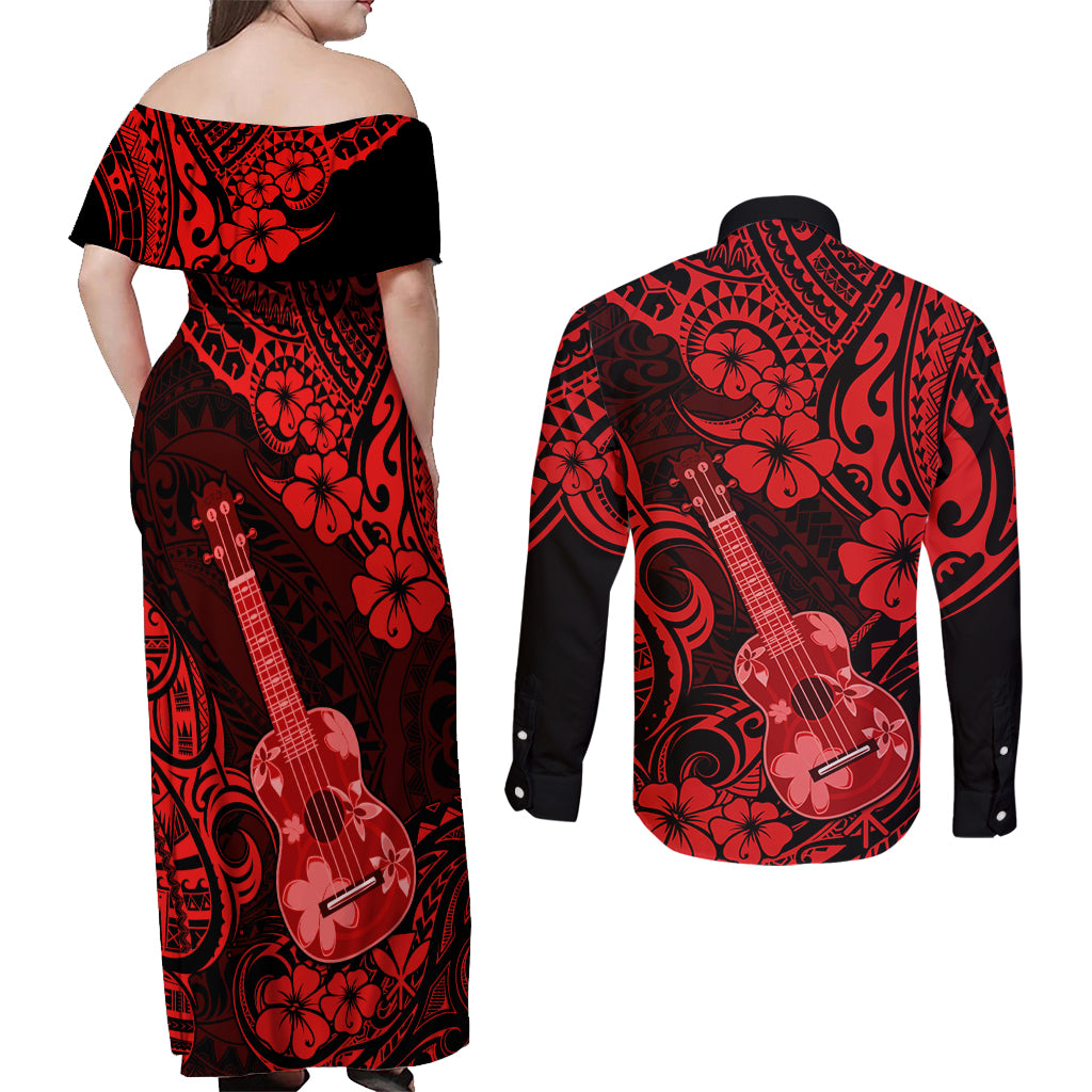 Hawaii Ukulele Couples Matching Off Shoulder Maxi Dress and Long Sleeve Button Shirts Polynesian Pattern Red Version - Wonder Print Shop